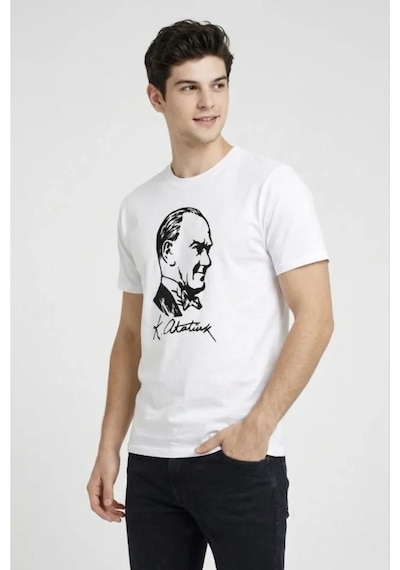 Butik İstanbul Erkek Atatürk Baskılı Tişört Kısa Kollu Bisiklet Yaka T-shirt - Beyaz