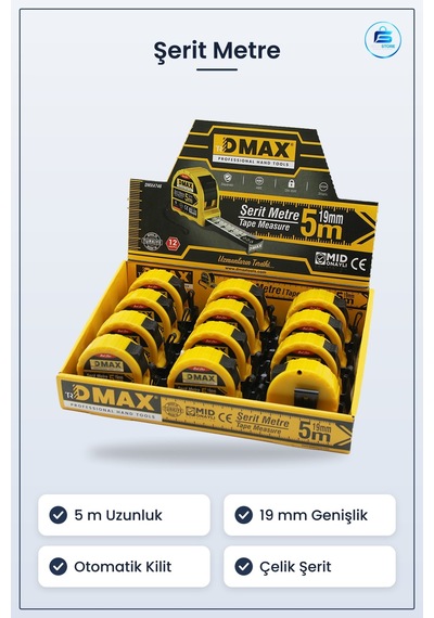 Şerit Metre 5 M X 19 Mm Çelik Otomatik Kilitli Stoplu Ölçüm Aleti