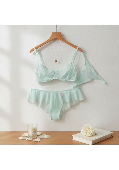 Bonbon Kadın Tül Transparan Balenli Sütyen, Checky Ve String Külotlu 3 Lü Paket Bb2621 Yeşil
