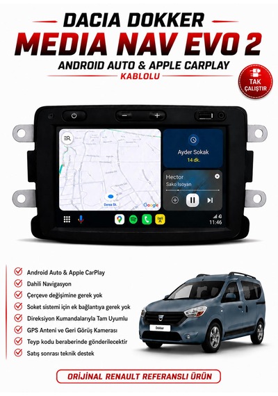 Dacia Dokker Uyumlu Media Nav Evo 2 Navigasyon / Multimedya Carplay /android Auto Özellikli 1.0.15 Versiyon 7"