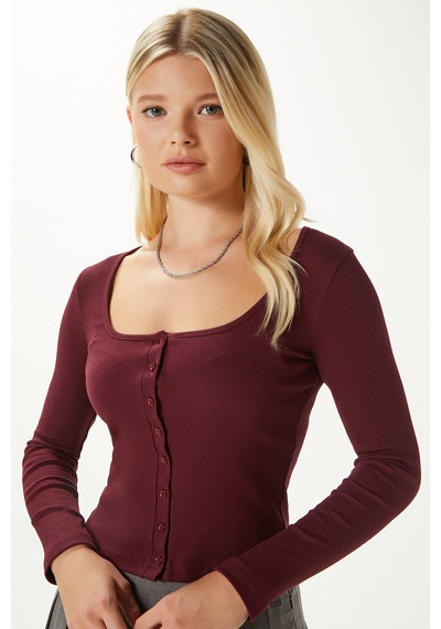 Ritnice Kadın Jesse U Yaka Düğmeli Uzun Kollu Bordo Fitilli Pamuk Bluz Bordo Ritnice Kadın Jesse U Yaka Düğmeli Uzun Kollu Bordo Fitilli Pamuk Bluz Bordo
