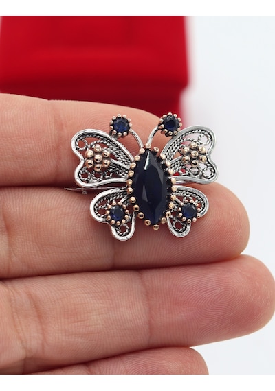 Safir Taşlı Kelebek Model Telkari Gümüş Kadın Broş 201025416 Gümüş