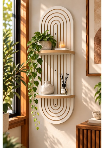 Vizon Ahşap 2 Katlı Modern Duvar Rafı 85x30 Krem
