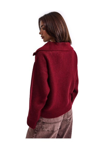 Kadın Bordo W6-35 Oversize Fermuarlı Triko Kazak
