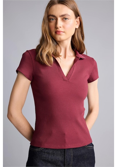 Defacto Slım Fıt Kaçık Yaka Basic Fitilli Kısa Kollu Bordo Polo Tişört G8735ax26spbr115 Bordo-br115
