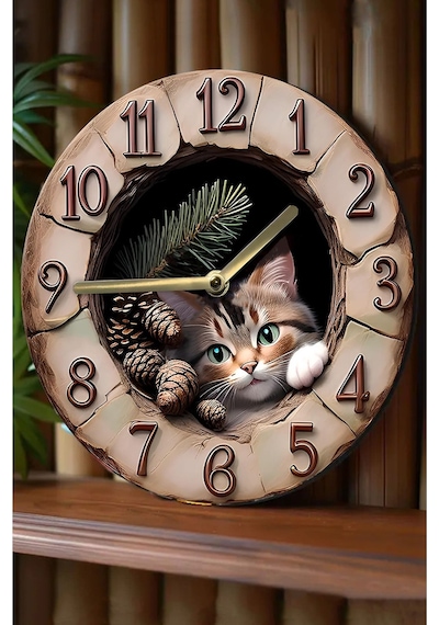 Patili Dostlarınız İçin Patili Saat Kedi Temalı Doğal Duvar Saati Sdw007 Renkli