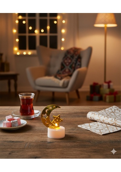 6 Cm Ramazan Ledli Tealight Mum Altın Metal Ay-yıldız Model - Kendinden Pilli Dekoratif Mum Diğer