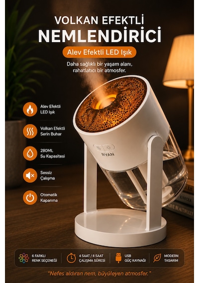 Volkan Efektli Nemlendirici 280ml Led Işıklı Ultrasonik Hava Nemlendirici Sessiz Aroma Difüzör Rt-hm30