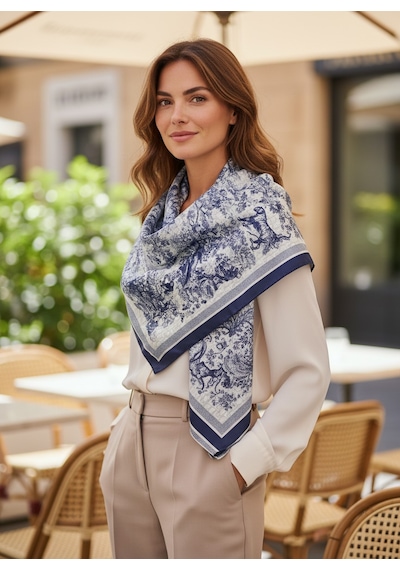 Miorel Scarfs Safari Tema Çift Taraflı Vual İpek Eşarp Silk Scarf Hijab Aksesuar Fular Cd Desen Mavi