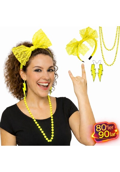 80 Ler 90 Lar Neon Sarı Parti Seti Kolye Küpe Taç - Zmff-874158 Renkli