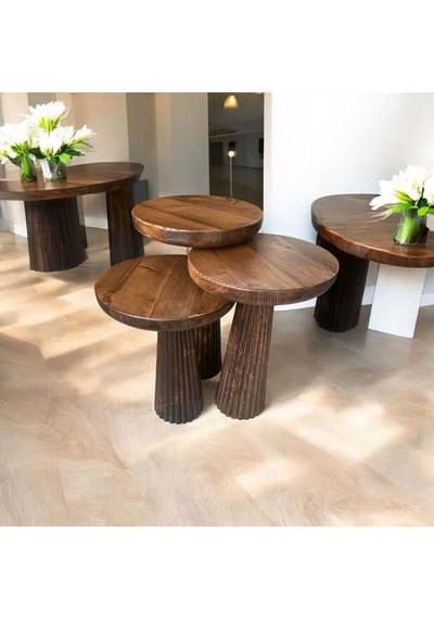 Simillo Wood Wooden Ahşap 3 Lü Set Fitilli Mantar Yan Sehpa Modern Ceviz Renk Fiskos Ceviz