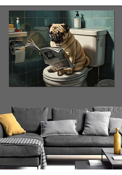 Ahşap Tablo Gazete Okuyan Komik Pug Köpek