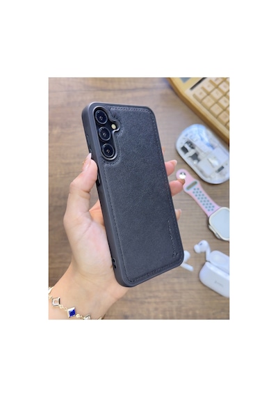 Samsung Galaxy S25 Uyumlu Premium Deri Dokulu Darbelere Karşı Dayanıklı Nazal Silikon Kılıf Siyah