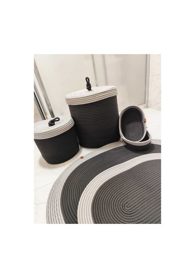Jüt Hasır 6 Lı Banyo Paspas Takımı Bohem Tarzı Paspas:50x80/ 40x60 /çamaşır Sepet 40x36 ,25x27 Siyah Gri Siyah Gri