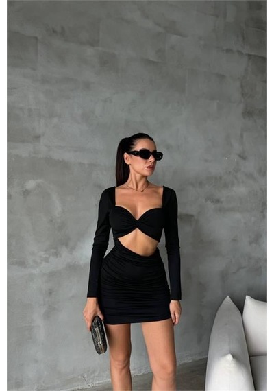 Dip Moda Kadın Sırt Ve Göğüs Dekolteli Mini Elbise Dpnbdf079 Siyah