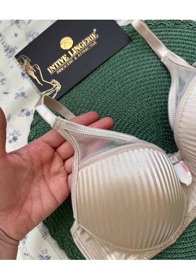 Evelyn Parlak Saten Çizgi Detaylı C Cup Balenli Desteksiz Önü Tül Bej