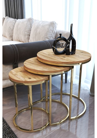 Usta Mekan 3'lü Parlak Gold Ayak Antik Çam Tabla Zigon Servis Salon Sehpa Gold - Ahşap