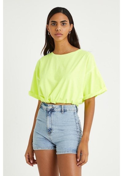 Kadın Neon Yağ Yıkamalı T-shirt Sarı Yeşil