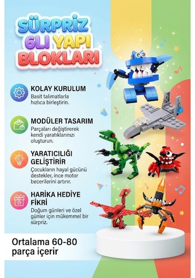 Sürpriz Yumurta 6'lı Set Dinozor Ve Araç Figürlü Yapı Blokları Eğitici Öğretici Parçalı Oyuncak