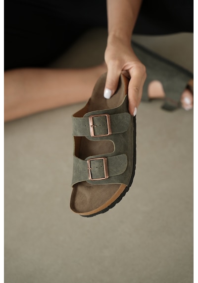 Selin Shoes Noir Çift Ayarlanabilir Tokalı Kadın Terlik- Haki