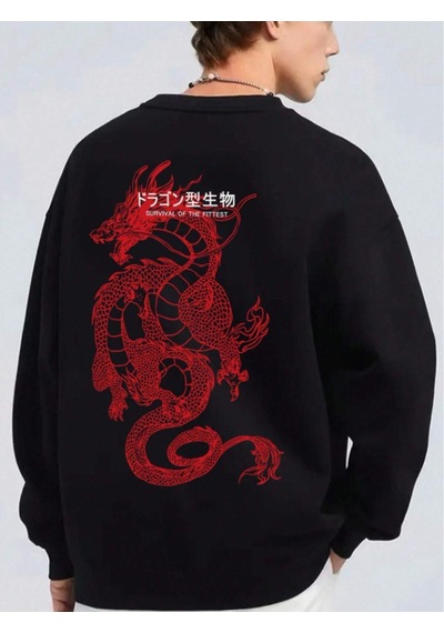 Startmore Siyah Unisex Kadın/erkek Siyah Dragon Oversize Bisiklet Yaka Pamuklu