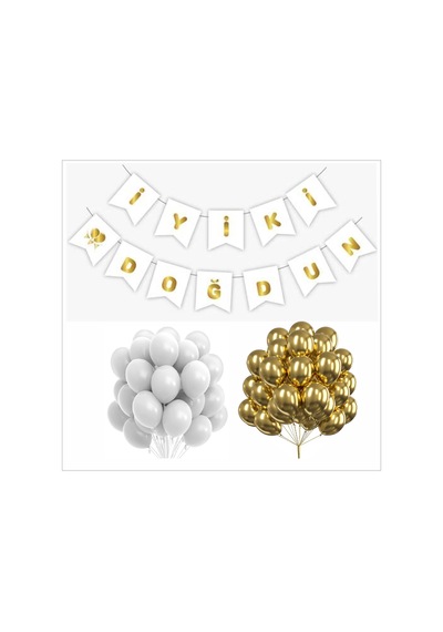Beyaz Gold İyi Ki Doğdun Banner+beyaz Ve Gold Balon Tüm Yaşlar
