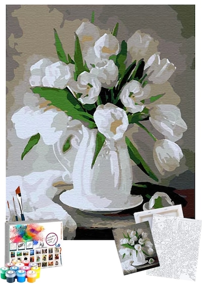 Sayılarla Boyama Seti 40 x 50 CM Tuval Şasesine Gerili Beyaz Çiçekler