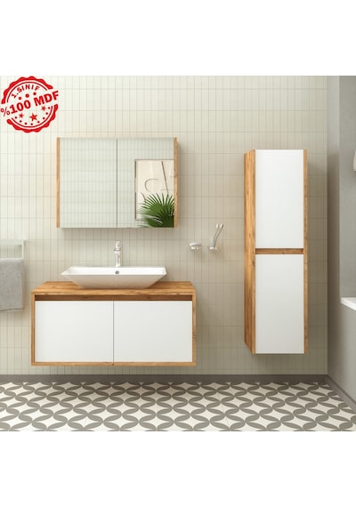 Banos Roomart Lavabolu Ahşap-Mat Beyaz 100Cm Banyo Dolabı+Aynalı Beyaz Banos Roomart Lavabolu Ahşap-Mat Beyaz 100Cm Banyo Dolabı+Aynalı Beyaz