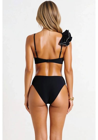 Benerly Kadın Bikini Takımı Straplez Kapsız Aplike Detaylı Örme Kumaş Süp Siyah