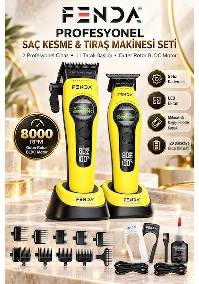 Fenda Profesyonel Bldc Motor 8000 Rpm 2'li Tıraş Makinesi Seti Sarı