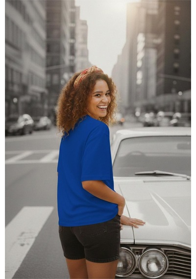 Mily Kadın Oversize Basic Bisiklet Yaka Pamuklu T-shirt Rahat Kesim Unisex Sevgili Kombini Sax Mavısı
