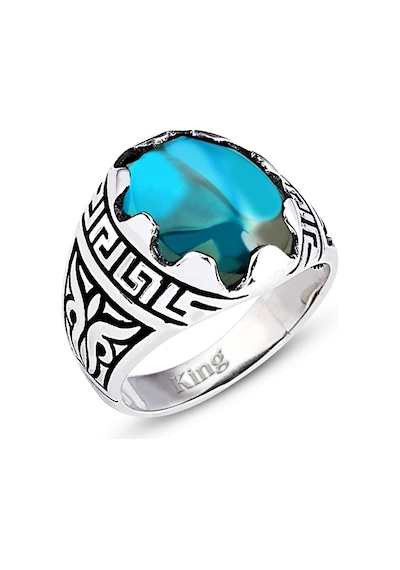 Kuyumcudukkani Düz Oval Kubbe Kesim Taşlı Gümüş Erkek Yüzük-60003-w-blu 23 Beyaz