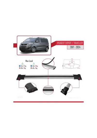 Peugeot Expert - Traveller 2017 Ve Sonrası İle Uyumlu Fly Model Ara Atkı Tavan Barı Gri 3 Adet Bar