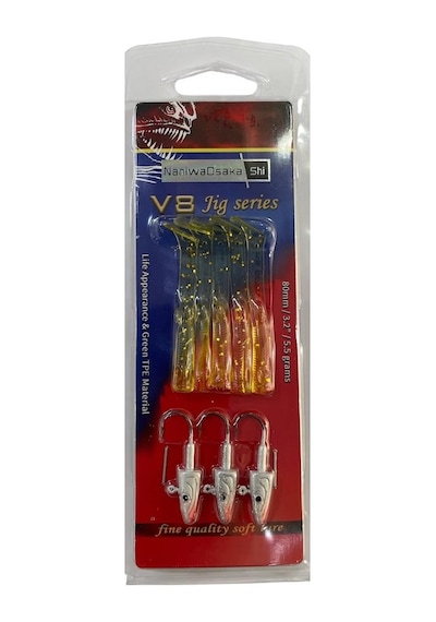 Naniwaosakashi V8 8cm 5.5gr 3 Jighead + 5 Silikon Yem Seti Golden Glitter
