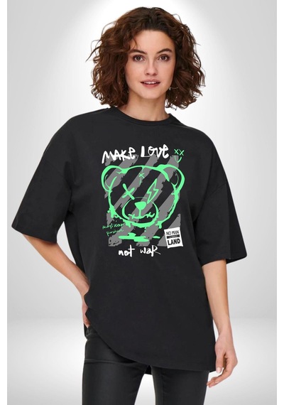Savaşma Teddy Bear Pamuklu Bisiklet Yaka Unisex Oversize Boyfriend Dijital Baskılı Siyah T-shirt Siyah