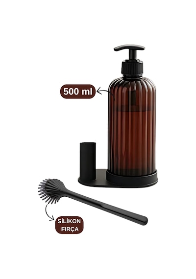 Mutfak Banyo 2 Li Temizlik Seti, Sıvı Sabunluk Deterjanlık 500ml + Silikon Uçlu Bulaşık Fırçası Seti Antrasit