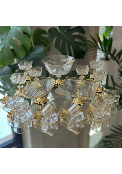 Alfafe Home Paşabahçe Gold Detaylı Metal Ayaklı Sunum Ve Servis Seti Pasta,magnolia,çay Seti,kurabiyelik Sarı