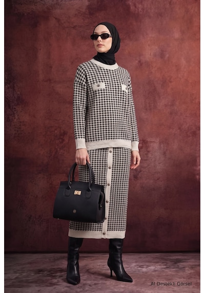 Armine Desenli Düğme Detaylı Triko Etekli İkili Triko Takım Taş 22kd4214