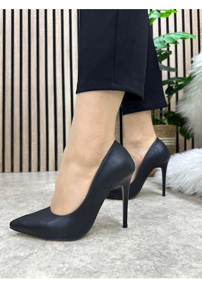 Nstil Günlük Kadın Stiletto Sivri Burun Düz Sade Şık Rahat Tırtıklı Taban İnce Topuklu Ayakkabı 289 Siyah