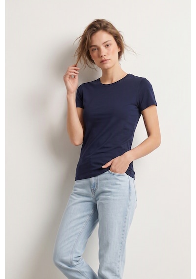 Elemge %95pamuk %5likra Vücuda Oturan Magic Fit Lacivert Kadın Stretch T-shirt Compact Penye Kısa Kol Esnek Basic Tişört Elastan