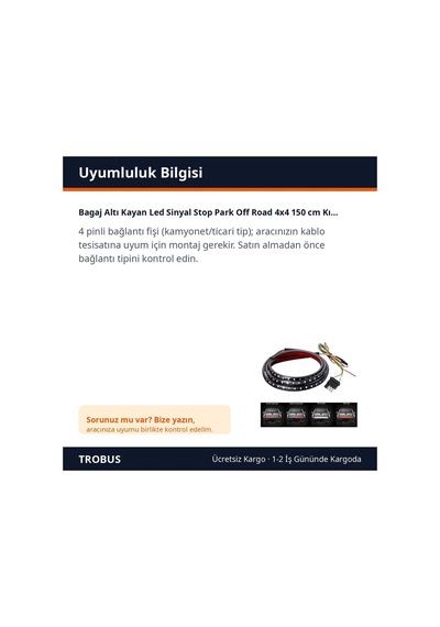 Trobus Bagaj Altı Kayan Led Sinyal Stop Park Off Road 4x4 150 Cm Kırmızı Beyaz