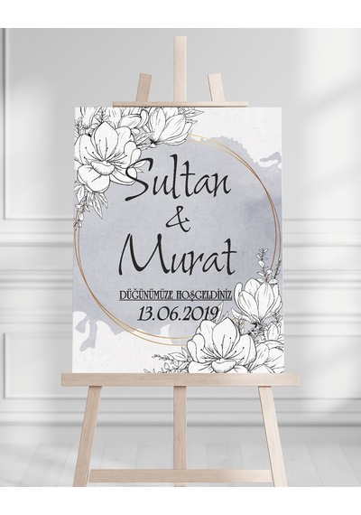 Söz Nişan Düğün İçin 50x70 Karşılama Panosu - Gri Çiçek Desenli 002 Beyaz
