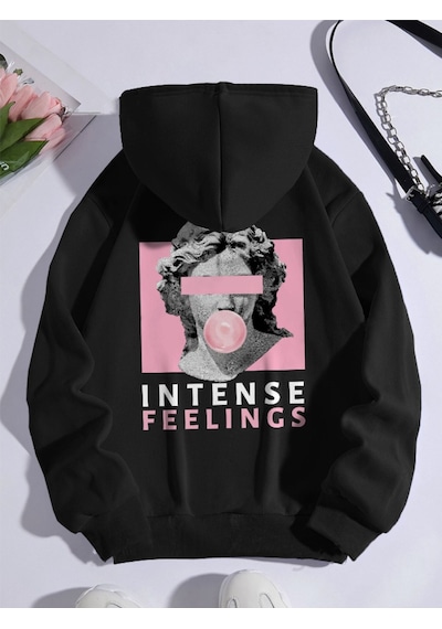 Startmore Siyah Unisex Erkek/kadın Intense Renkli Özel Baskılı Pamuklu Oversize Kapüşonlu