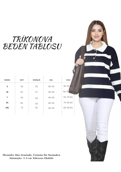 Trikonova Lacivert Çizgili Polo Yaka Düğmeli Triko Kazak