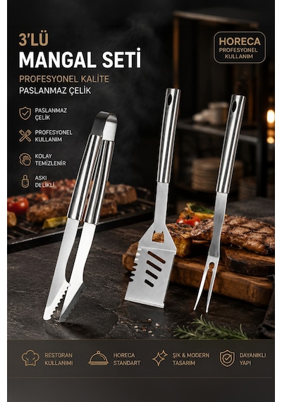 Porsima Kj-1007 3 Parça Paslanmaz Çelik Maşa-spatula-çatal Barbekü Seti