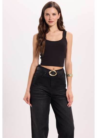 Tudors Kadın Slim Fit Dar Kesim Likralı Siyah Crop Atlet -50611