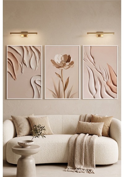 Beyaz Ahşap Çerçeveli Bej Çiçek Ve Soyut Minimalist Üçlü Duvar Tablosu Modern Dekorasyon Kabartma Görünümlüdür Beyaz