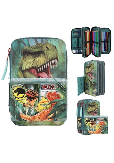 Dino World By Depesche Danger 3 Bölmeli İçi Dolu Kalemlik - 26 Parça Kırtasiye Setli Yeşil