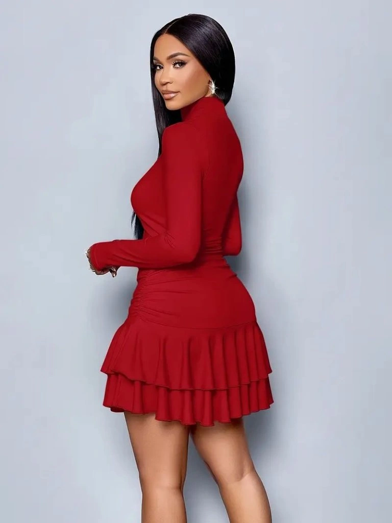 Bhrwear Kadın Uzun Kollu Balıkçı Yaka Mini Fırfırlı Sandy Elbise Renkli