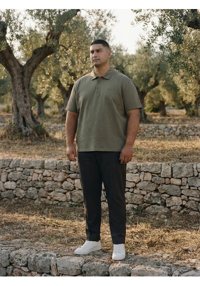 Maccali Erkek Haki Büyük Beden Bol Basic Polo Yaka Tişört